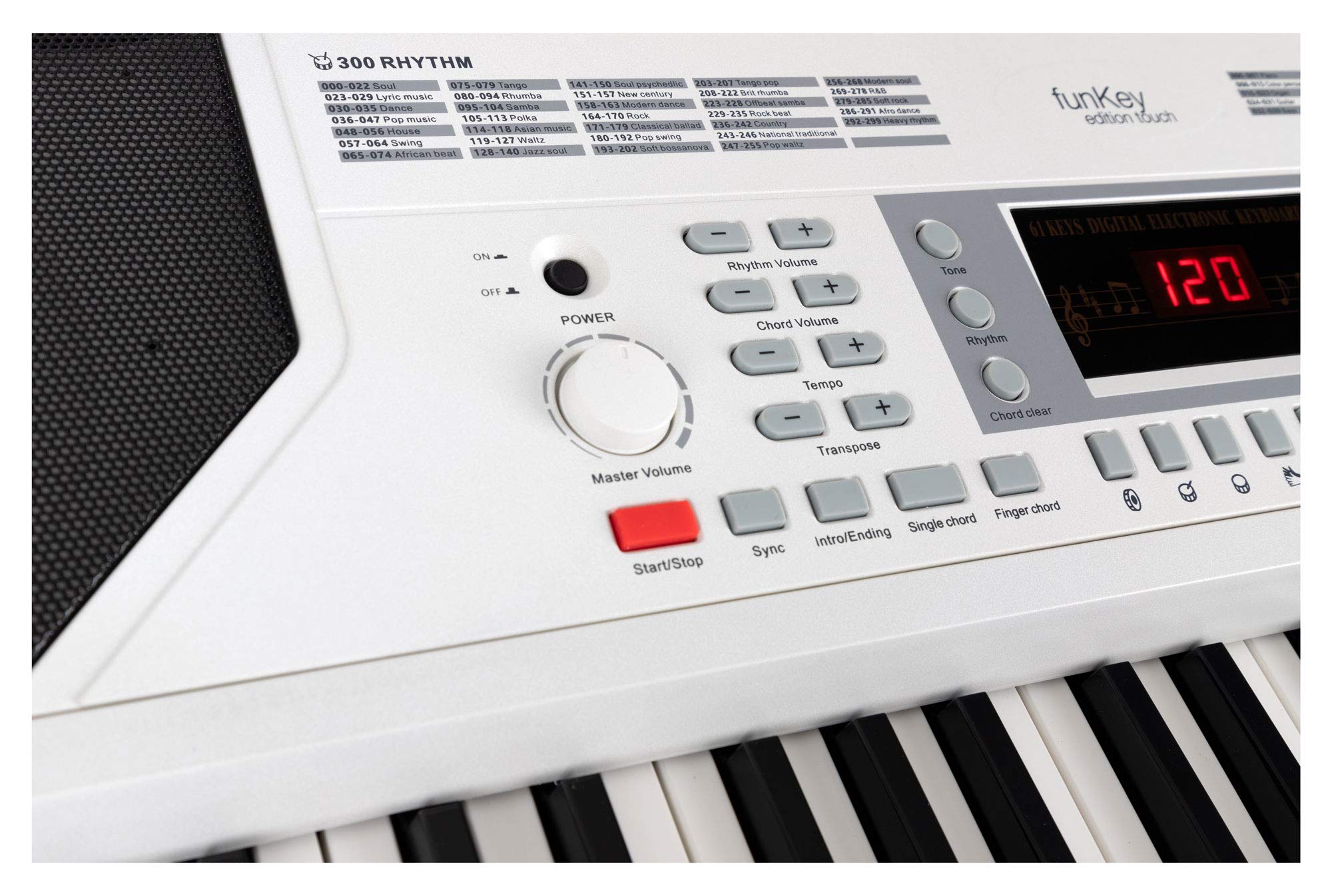 FunKey 61 Edition Touch weiß Set inkl. Keyboardständer + Bank, LC-Display | 61 anschlagsdynamische Standard-Keyboardtasten, 300 Sounds, 300 Rhythmen, 40 Demosongs, 8 Percussion-Pads, Effekte: Sustain