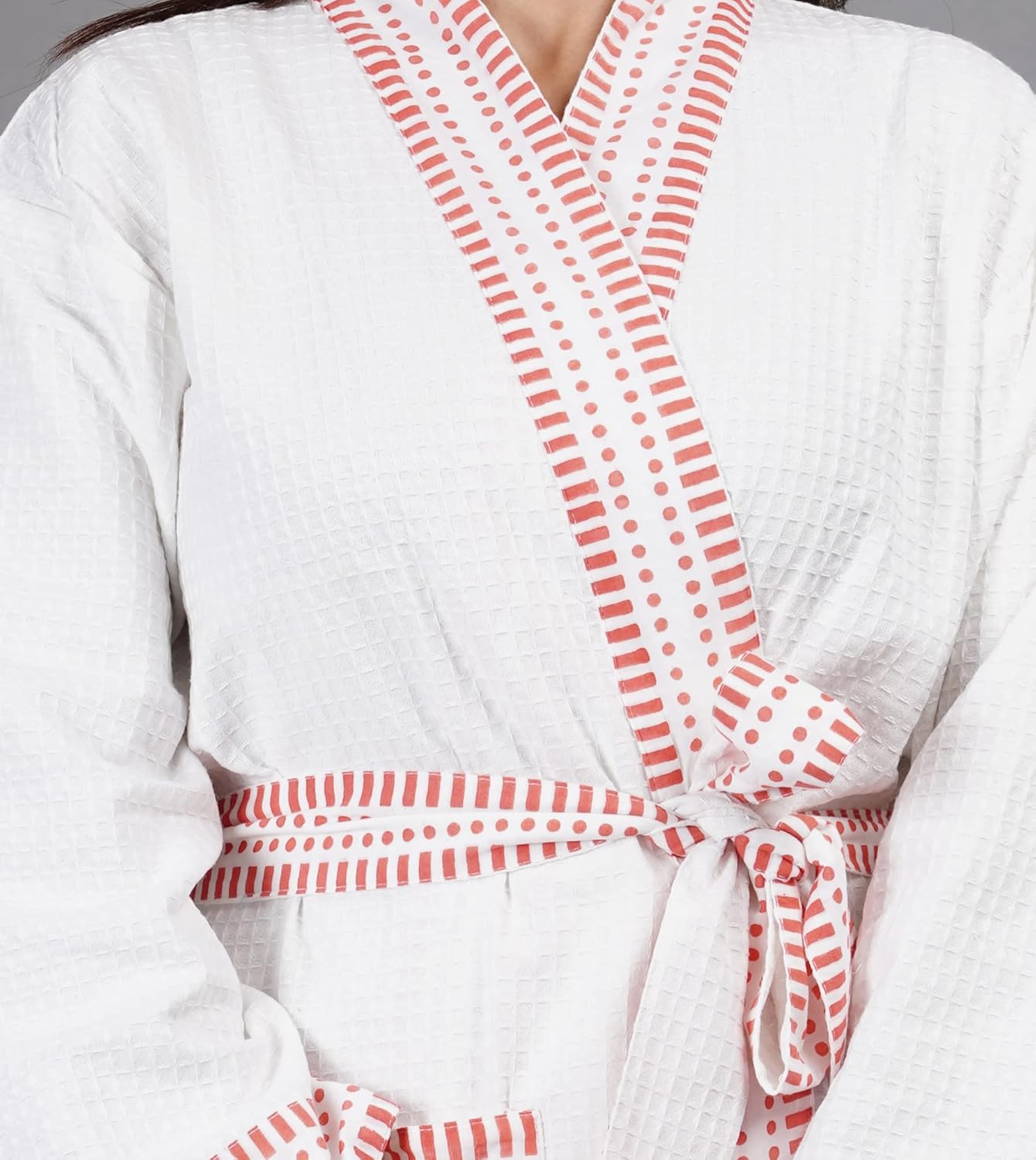 Waffle Cotton Handmade Red Border Printed Bath Robe Summer Hotel Kimono Floral Spa Beach Coverup Boho Hippie Swim Wear