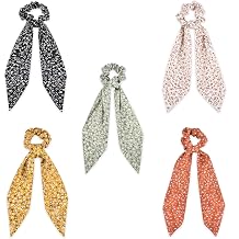 5-Piece Chiffon Classic Floral Bowknot Hair Ties, Elegant Hair Scarf Scrunchies Long Ribbon Ponytail Holders Head Bands, Elastic Vintage Bow Tie Hair Accessories for Ladies Women Girls