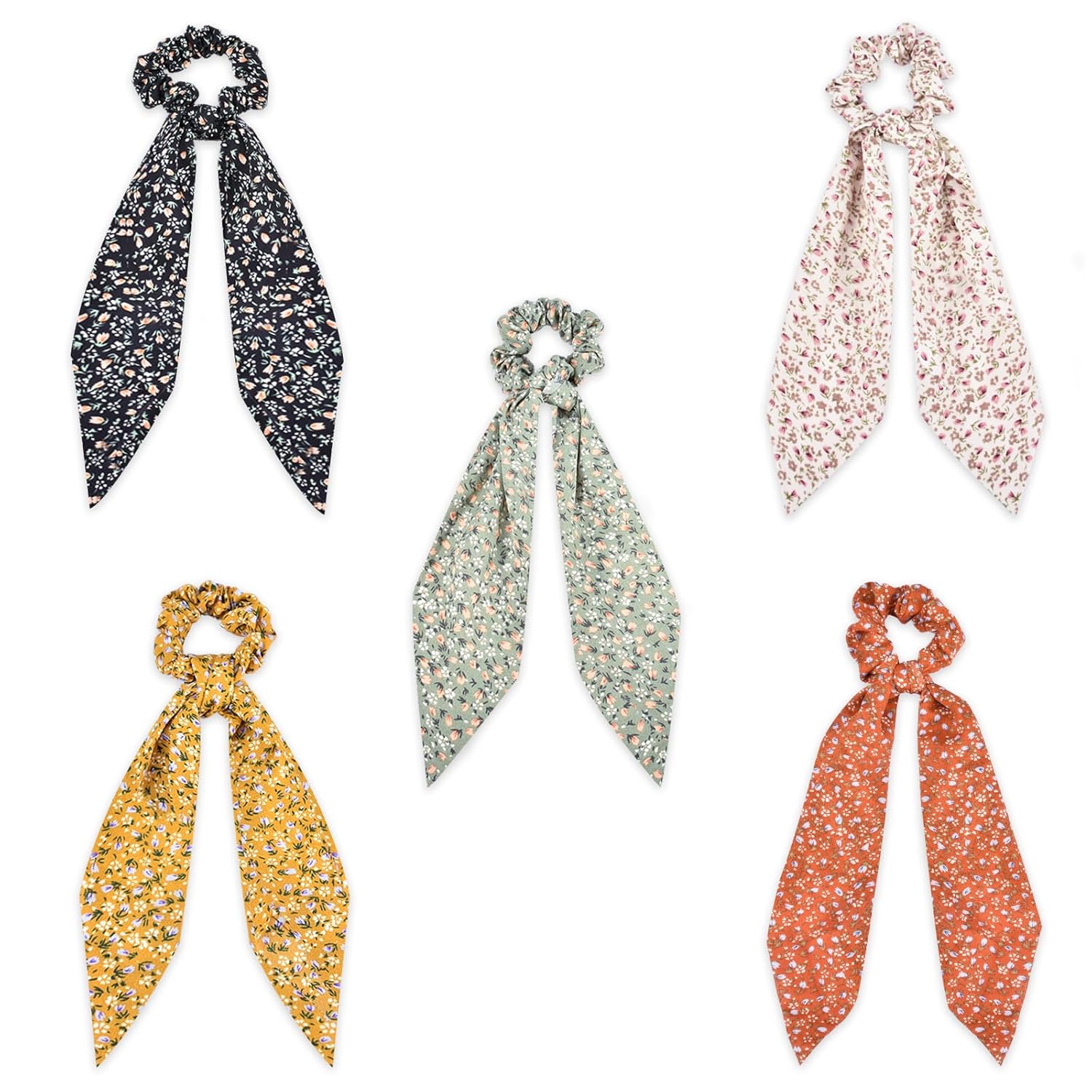 5-Piece Chiffon Classic Floral Bowknot Hair Ties, Elegant Hair Scarf Scrunchies Long Ribbon Ponytail Holders Head Bands, Elastic Vintage Bow Tie Hair Accessories for Ladies Women Girls