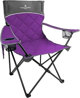 Black Sierra Oversized Camping Folding Chair, Heavy Duty Outdoor Seat Supports 300 lbs with Steel Frame, Collapsible Quilted Padded Plaid Camp Bag Chair for Tailgating, Sports Games Patio