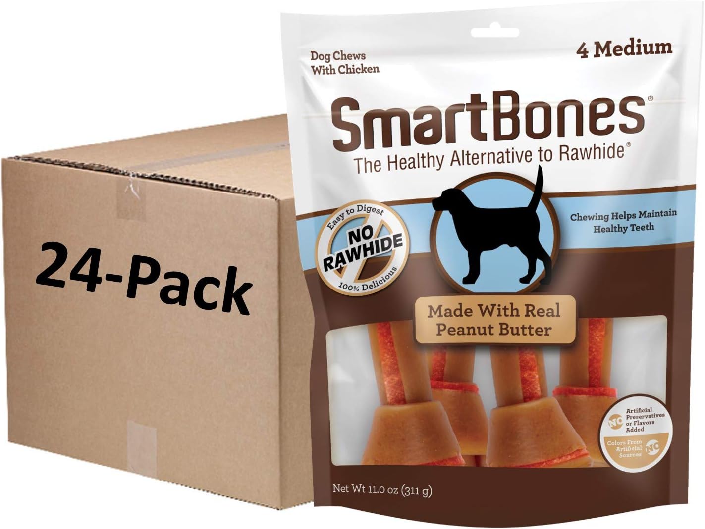 SmartBones with Peanut Butter Medium Chews 4 Count, Rawhide-Free Chews for Dogs, 11 oz, Case of 24 Individual Packs (SBPB-00317-1)