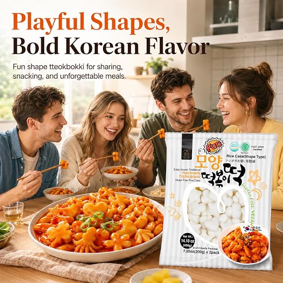 Unha's Fun Shaped Korean Tteokbokki Rice Cakes, 14.10 oz, 2 Pouches | fun shaped chewy tteok for tteokbokki snacks