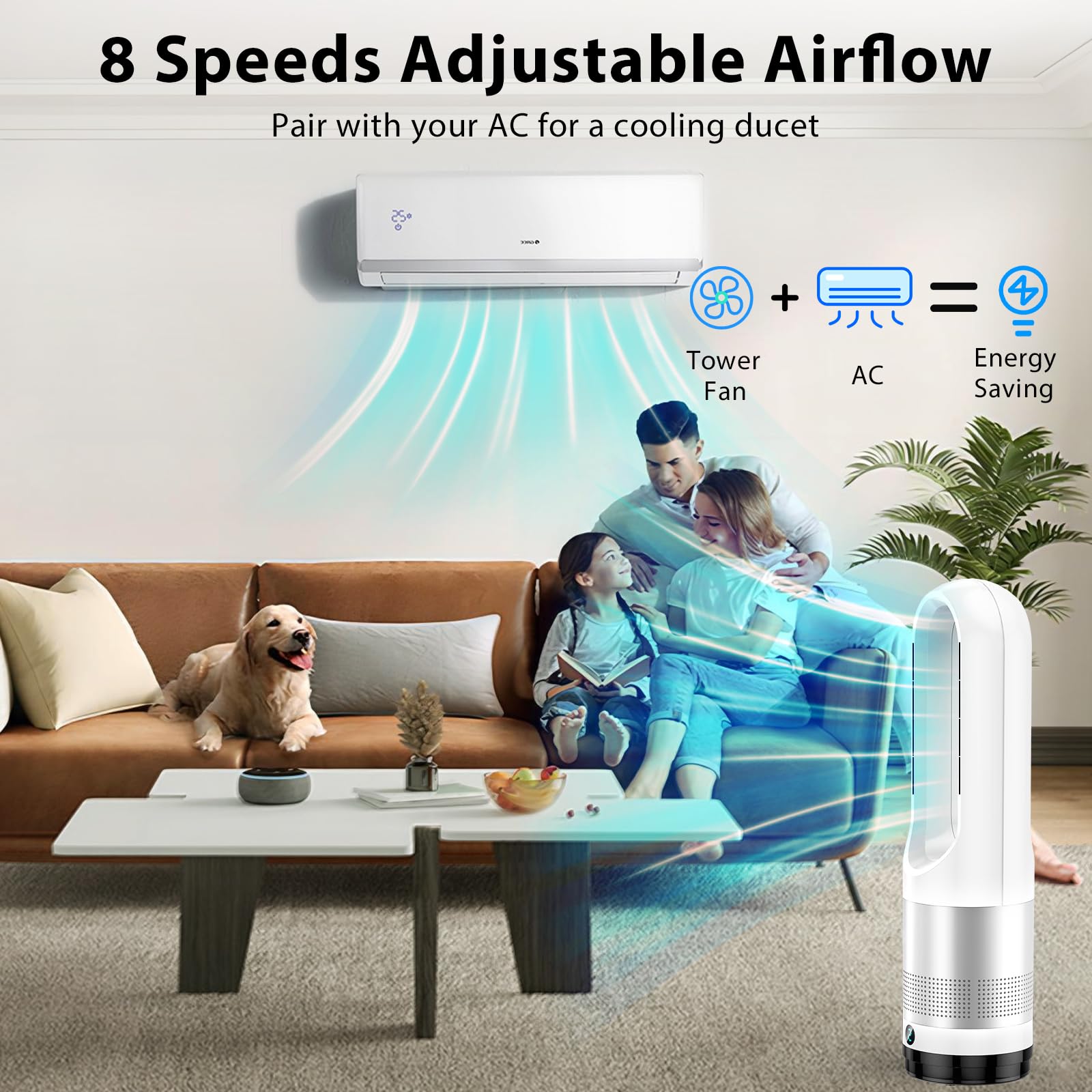 Ventilador de torre sin aspas, calentador de espacio de 1400 W y ventilador de enfriador de 40 W con control remoto, oscilación de 80°, 8 velocidades y 3 modos de calefacción, temporizador de 9 horas, 3