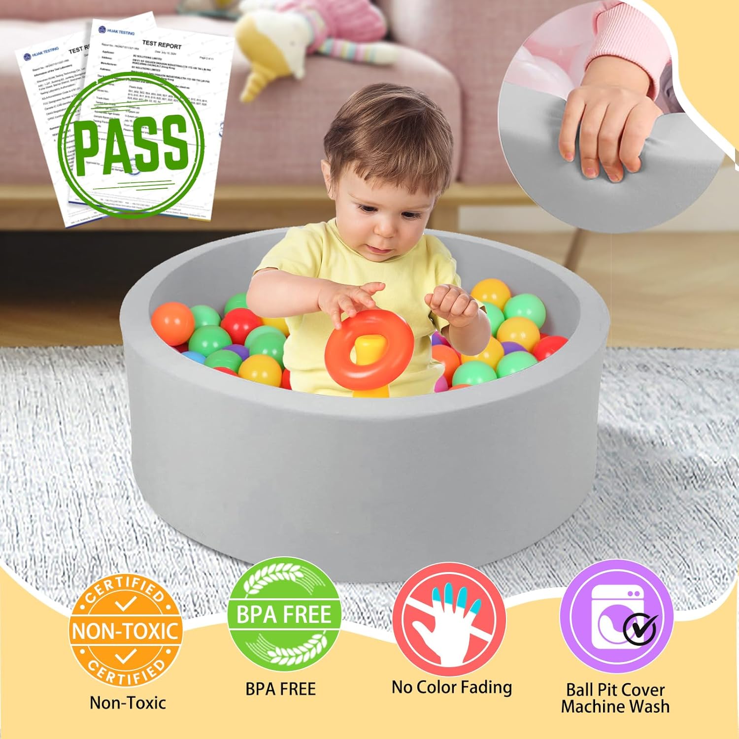 TRENDBOX Small Memory Foam Ball Pit, 27 inches Indoor Round Ball Pit (NO Balls) for Toddler Kids Children - 27 inches (Light Gray)