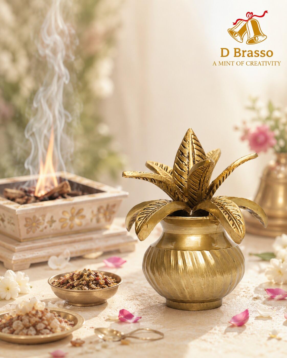 D Brasso 5 Inch Premium Brass Mangal Kalash with Coconut | Pital Kalash for Pooja, Mandir & Religious Rituals | Handcrafted Traditional Kalash Showpiece | 800 Grams (Pack of 1) 3
