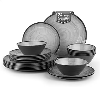 La Joventino 24-Piece Camping Tableware Melamine Set for 8 People - Crockery Set Plate Set Including Bowls - Camping, Motorhome & Picnic Safe - Anvil Design, Dishwasher Safe