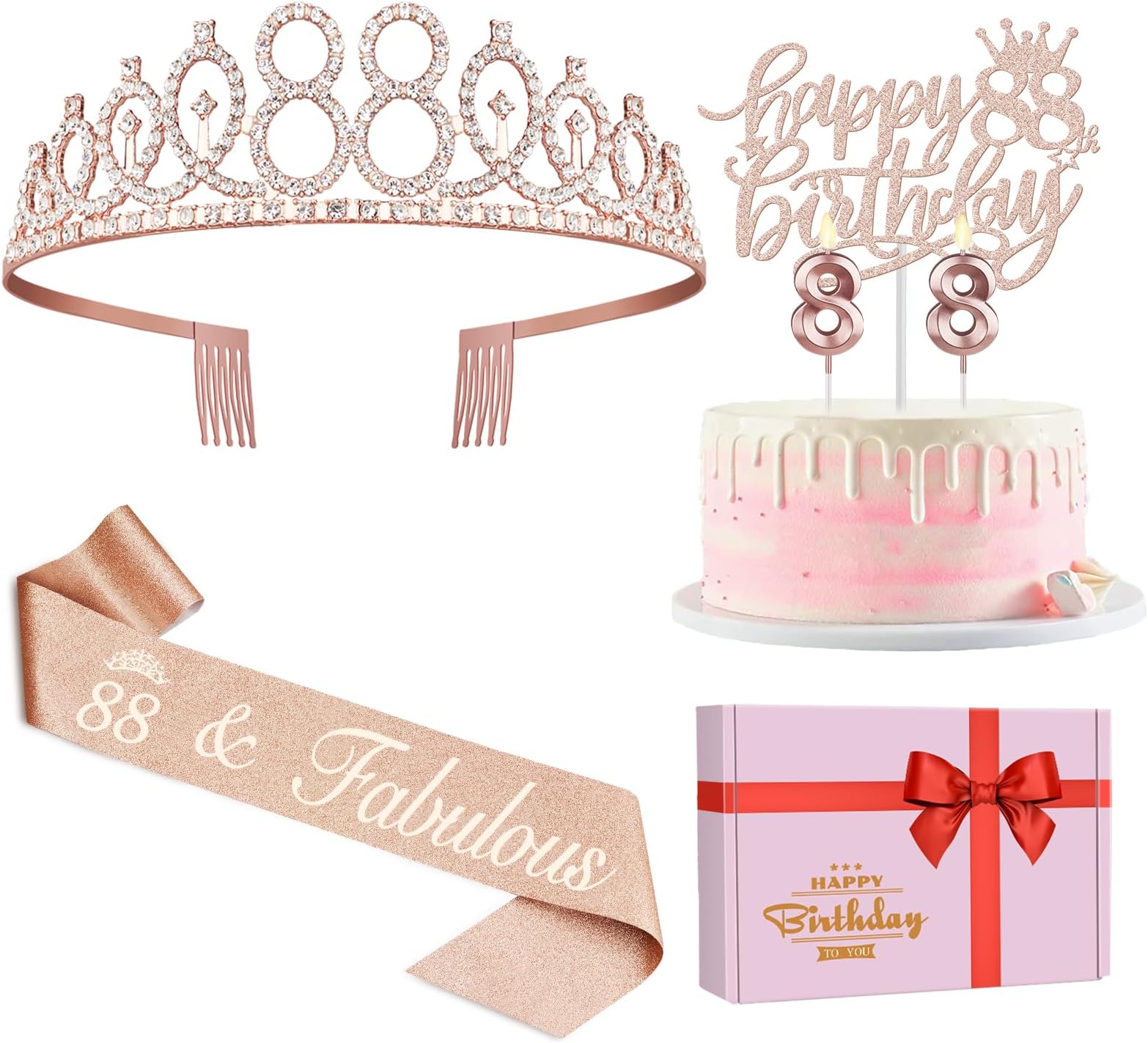 88th Birthday Decorations for Women, Including Birthday Sash and Tiara, Cake Topper and Number Candles, 88 Year Old Gifts for Women