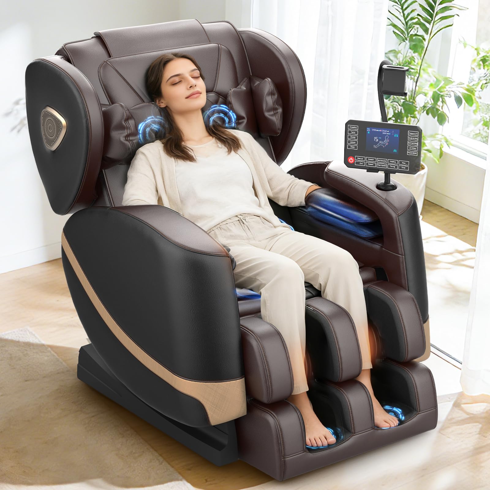 Massagesessel, Ganzkörper-Massagesessel mit Zero-Gravity, 14 Rollen und 8 Komfort-Airbags, Mit Heizfunktion für Taille und Beine Fußmassage, Bluetooth-Player und 2-in-1 Touchscreen (Schwarz + Braun)
