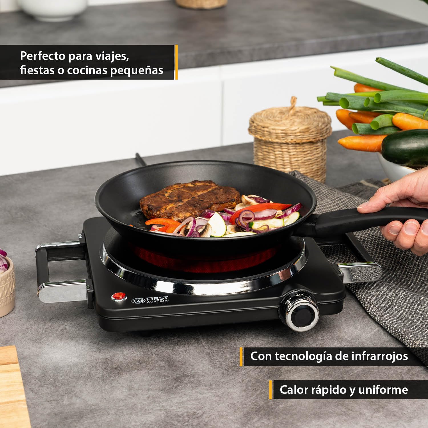 TZS First Austria placa vitrocerámica de infrarrojos, placa de cocina individual 22 cm | Compatible con todo tipo de ollas | Calentamiento rápido, regulación continua, luz indicadora