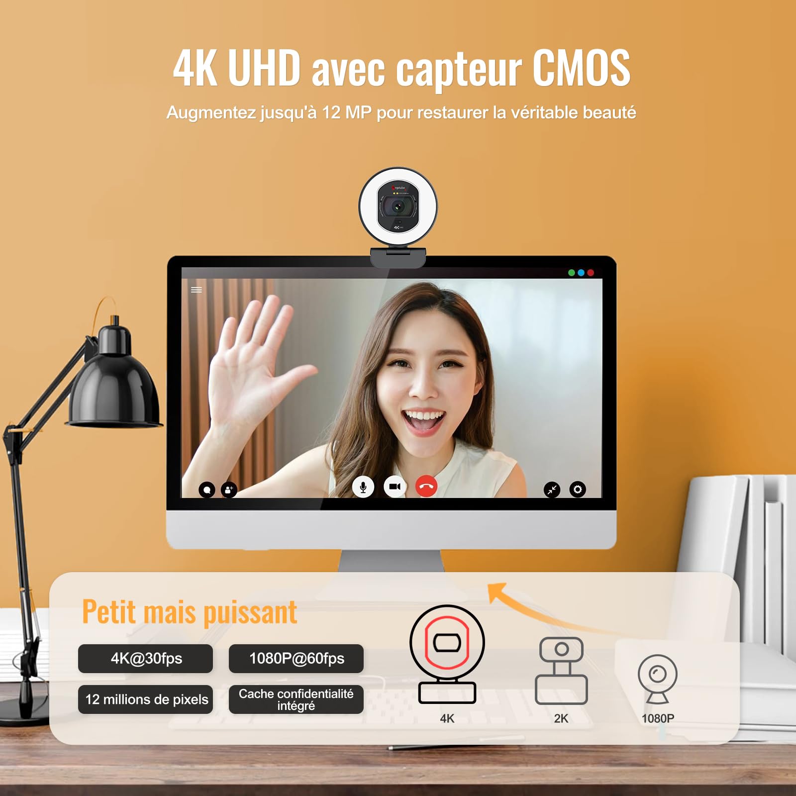 Angetube Webcam 4K avec lumière –caméra de Streaming de PC à autofocus PDAF | Webcam USB 1080P 60FPS avec double micro à réduction de bruit IA et cache-objectif intégré. Pour laptops,Mac et Windows