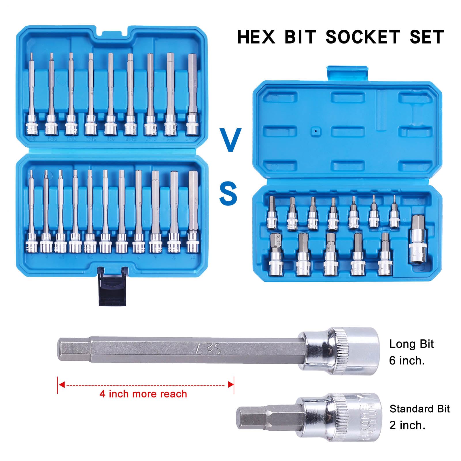 20-teiliges Extra Langes Inbus-Bit-Set, 3/8" Antrieb, SAE & Metrisch – S2-Stahl, Cr-V-Stecknüsse, In Blasformkoffer