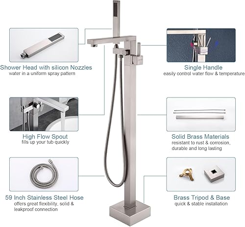 Miniatura 4 de Grifo de bañera independiente de montaje en cascada con grifo de bañera independiente dorado cepillado de una sola manija grifo de bañera de latón