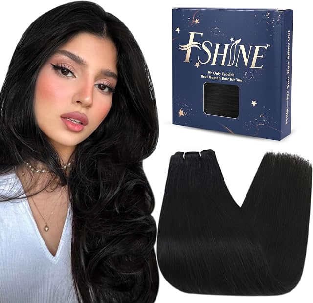 Fshine Jet Black Weft Hair Extensions Real Human Hair Straight Professional Sew in Extension Double Weft Remy Weave Bundles Hair Extension Flat Weft Hair Extension16inch 100gram #1