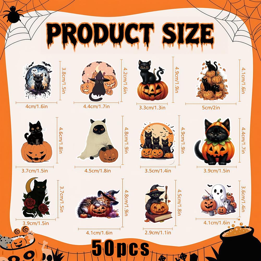 Set de Decoración de Gato-Bruja para Halloween,Figura de Resina con Sombrero de Bruja 50 Pegatinas Decoración Tenebrosa para Ventanas, Mesas y Fiestas Amantes de los Gatos