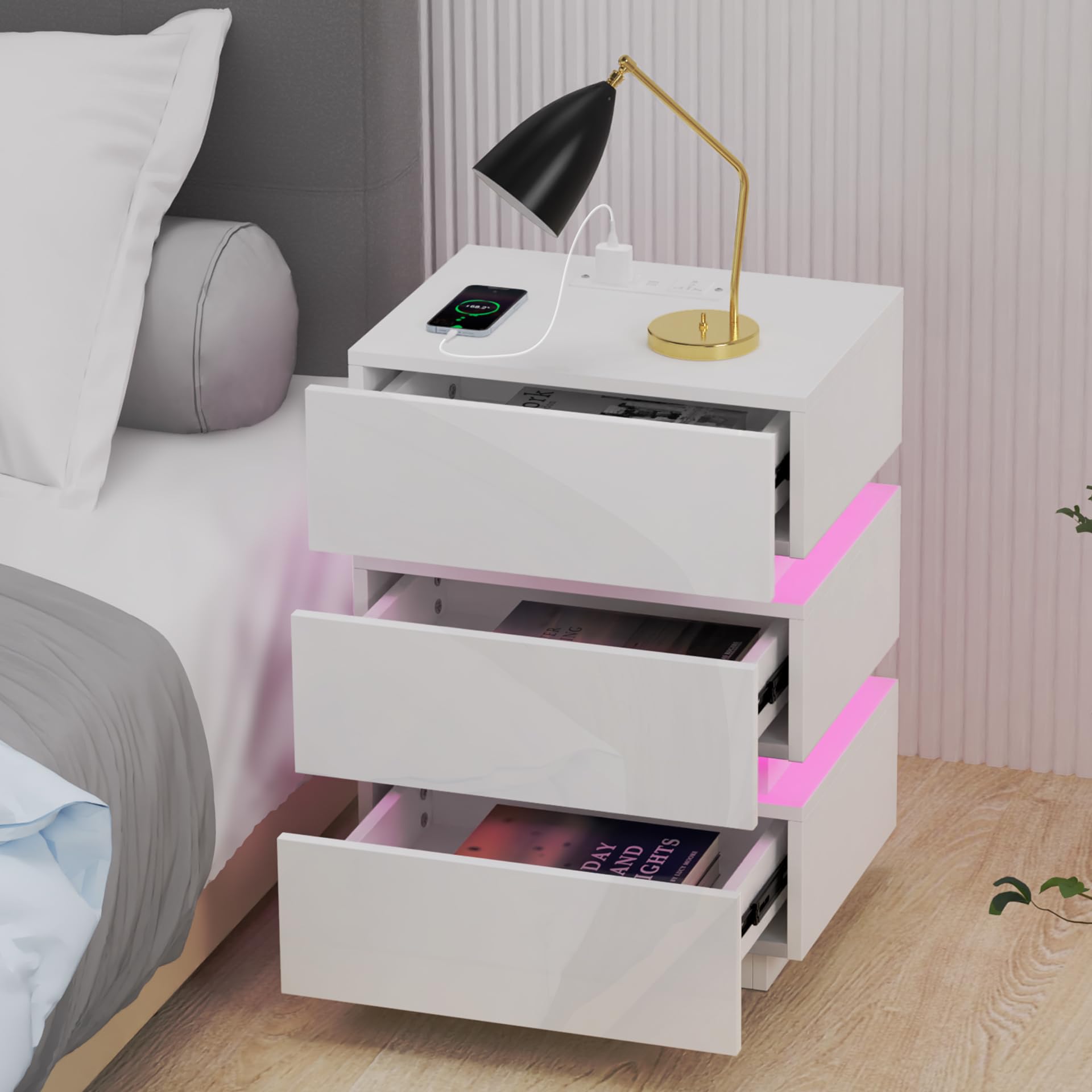 Comodino lucido con 3 cassetti, in legno, per camera da letto e soggiorno, colore bianco, 45 x 35 x 62 cm