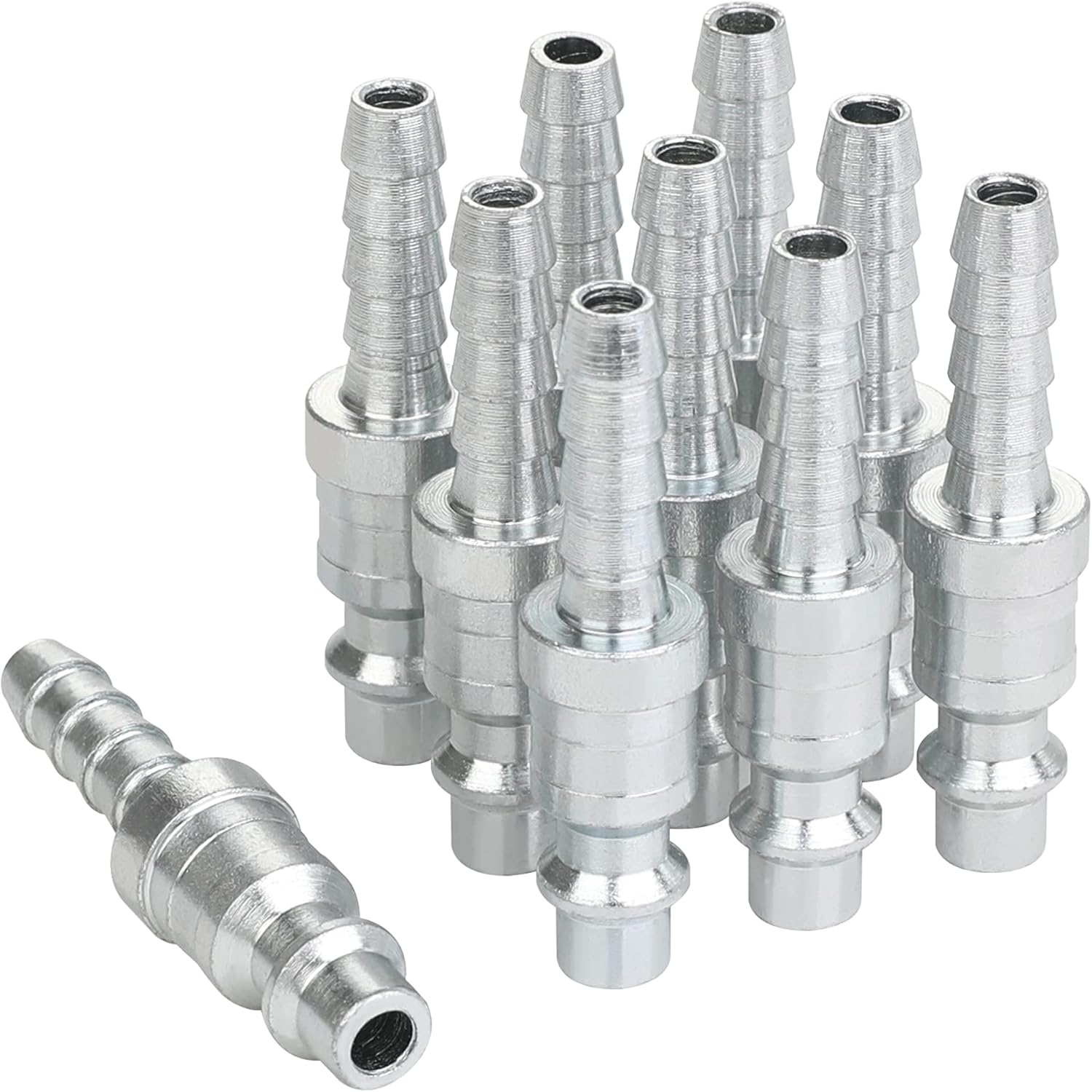 1/4 Air Plug with Hose Barb, Industrial M-Type Fittings, 1/4 Inch Flow Size. 1/4 Inch Hose Barb, Steel Material, 300PSI, 10 Pieces Air Compressor Hose Fittings