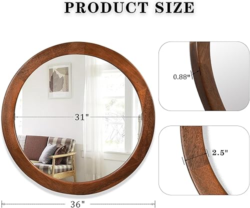 Miniatura 6 de Espejo redondo de 36 pulgadas, espejo de pared templado de madera rústica para baño con marco de nogal, espejo circular de madera de granja para