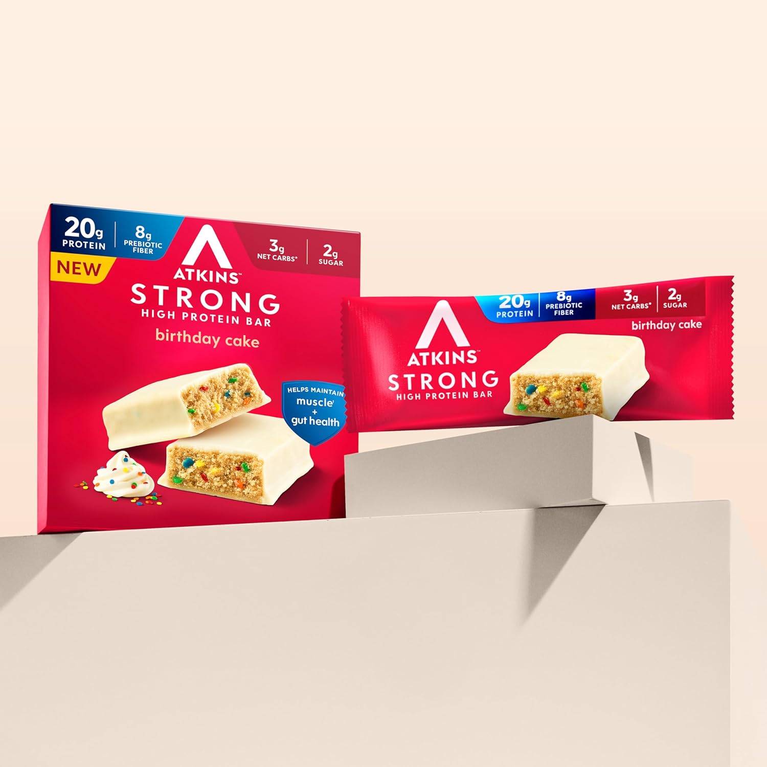Atkins Strong Birthday Cake High Protein Bars, 20g Protein, 2g Sugar, 4 Count (Pack of 6)