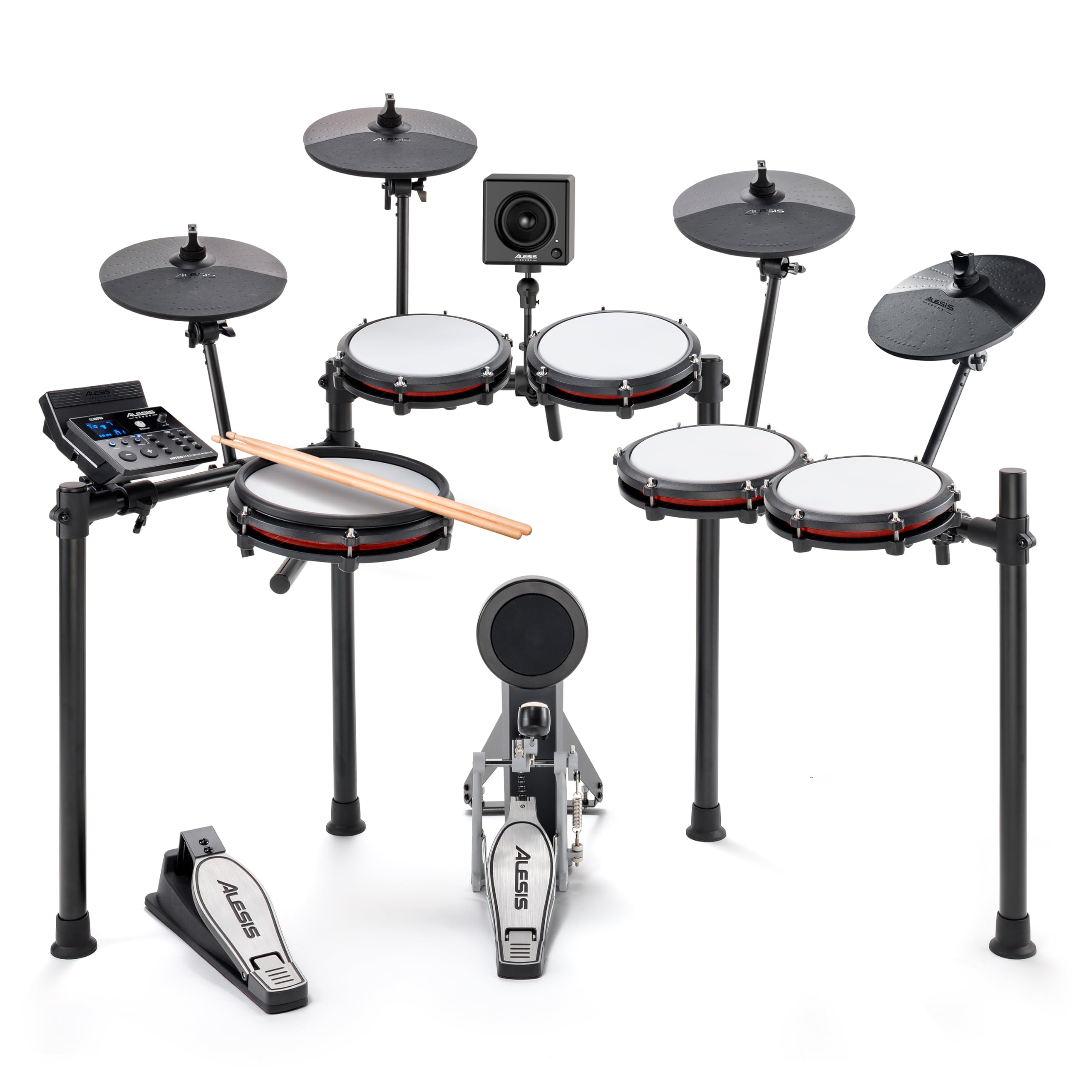 Alesis Nitro Max Kit e Amp - Batteria Elettronica a 10 Pezzi con Pelli Mesh, Rullante a Doppia Zona da 10", Bluetooth, USB MIDI, e Cassa Monitor Montabile 70W