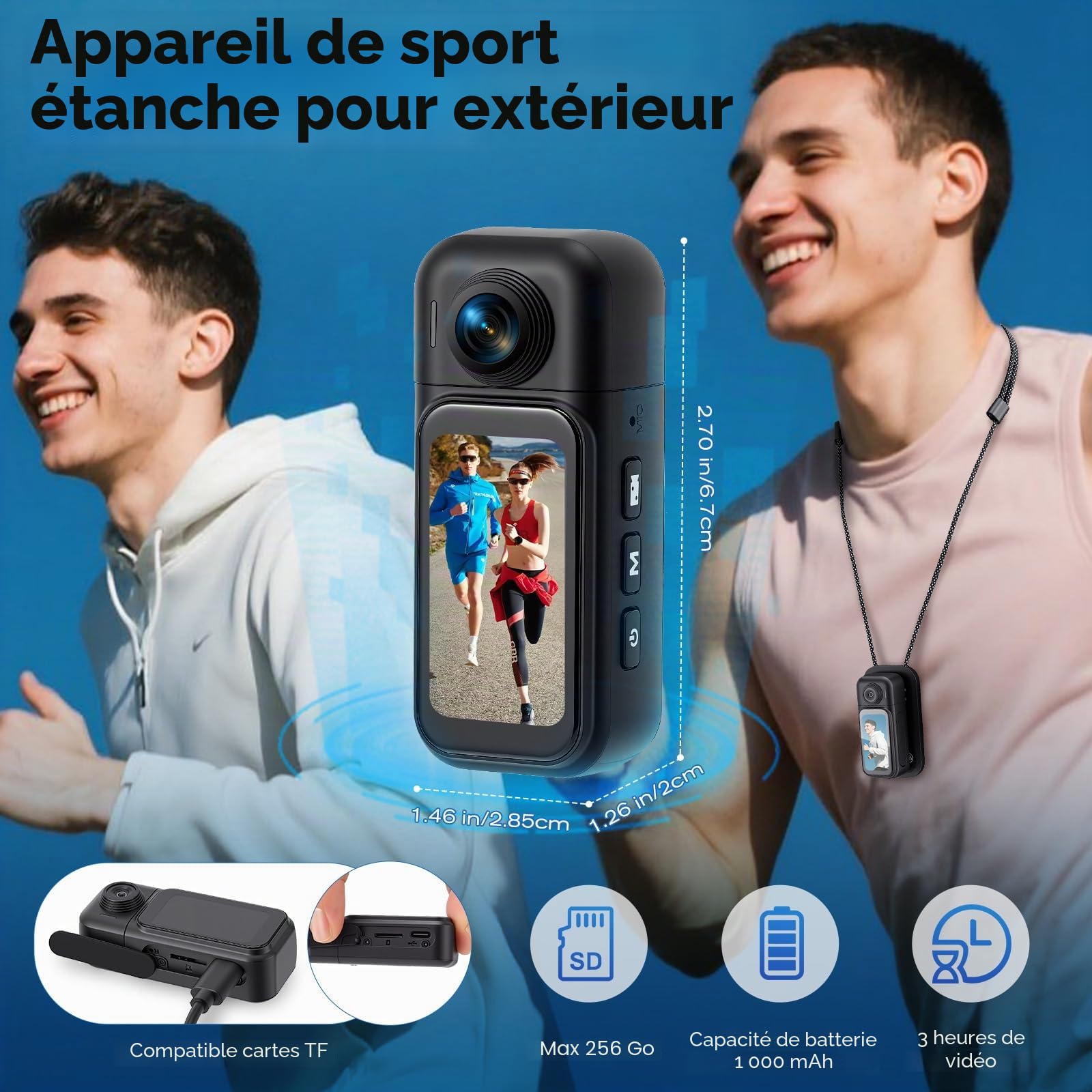 Mini caméra d'action Wi-Fi 1080p, 360° 64 Go, caméra d'action sport HD avec objectif rotatif à 180°, écran tactile, POV mains libres, caméra sous-marine étanche jusqu'à 30 m, caméra pour casque de