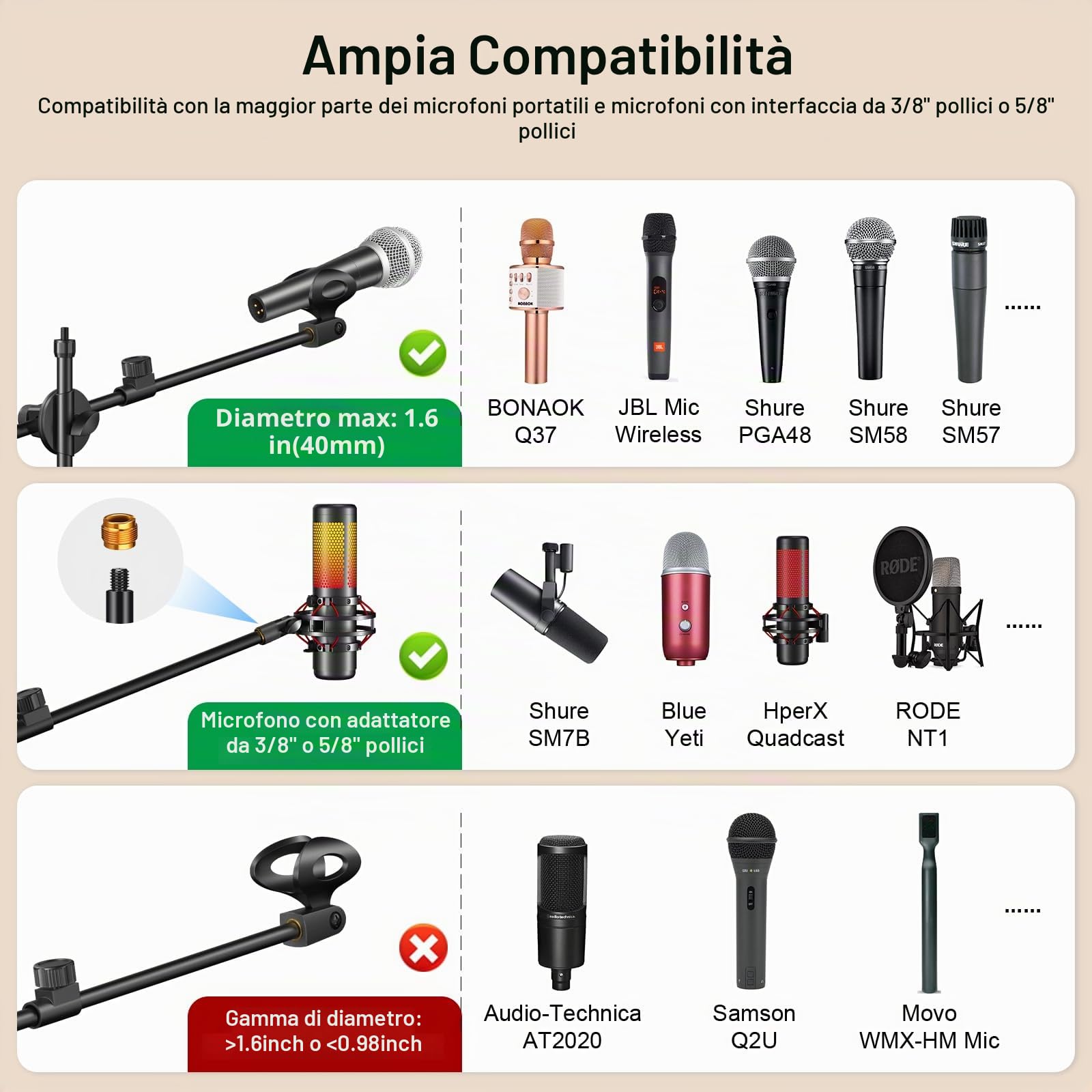 Supporto per microfono, 6 in 1 con asta da pavimento, braccio di supporto, collo d'oca, clip per microfono, supporto per telefono tablet, nero, metallo, portatile, regolabile