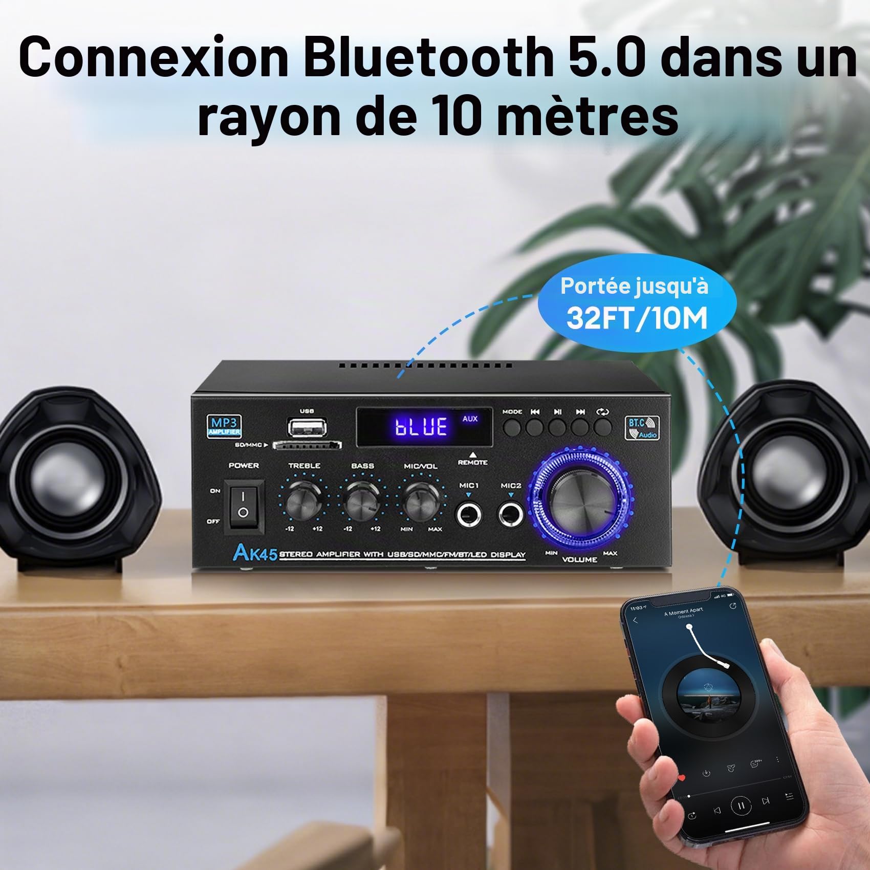 KKMOL AK45 Mini Amplificateur HiFi Stéréo Bluetooth Radio Audio Récepteur Wiimp 12V/220V 400W 2 Canaux Numérique Avec USB Carte SD