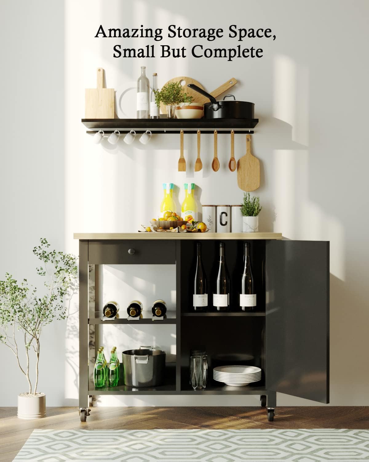 4 EVER WINNER Kitchen Cart with Storage on Wheels Small, Rolling Kitchen Island Cart on Wheels with Barn Doors, Wooden Countertop, Storage Drawer, Adjustable Shelf, Lockable Wheels, Black