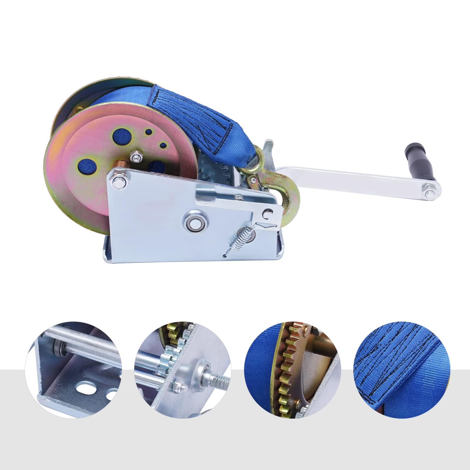 Pindex - Verricello manuale con cinghia da 10 m, forza di trazione, 1000 kg, argano a mano con blocco di ritorno, robusto verricello per barca, per rimorchi, garage, officina, Dinghi e trasporto di
