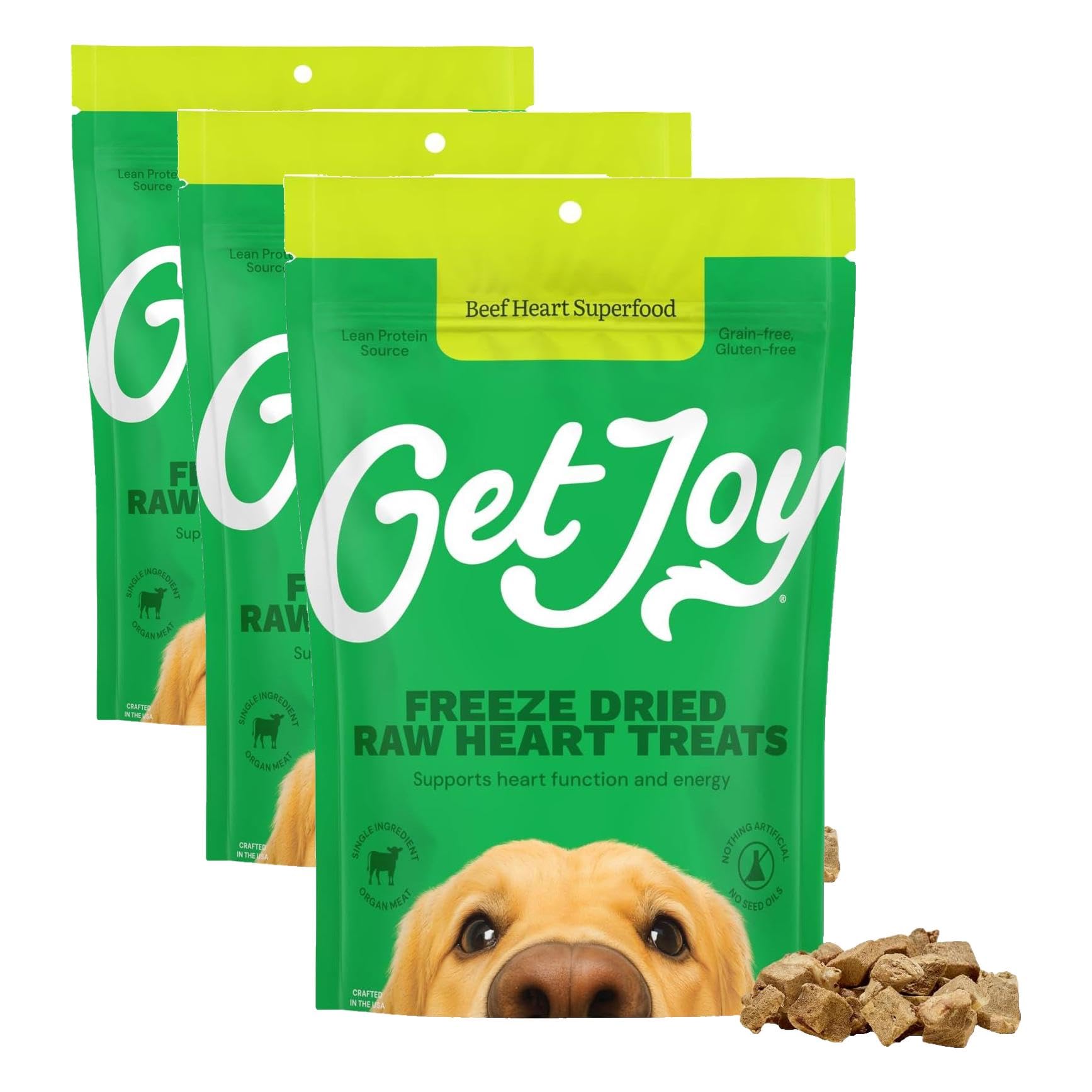 Get Joy Freeze Dried Beef Heart Dog Treats, Single Ingredient Training, 4oz | High protein organ snack for training, meal mixing or raw topping. Small to large dogs, all life stages. Nothing else added., Beef Heart, 4 Ounce (Pack of 3)