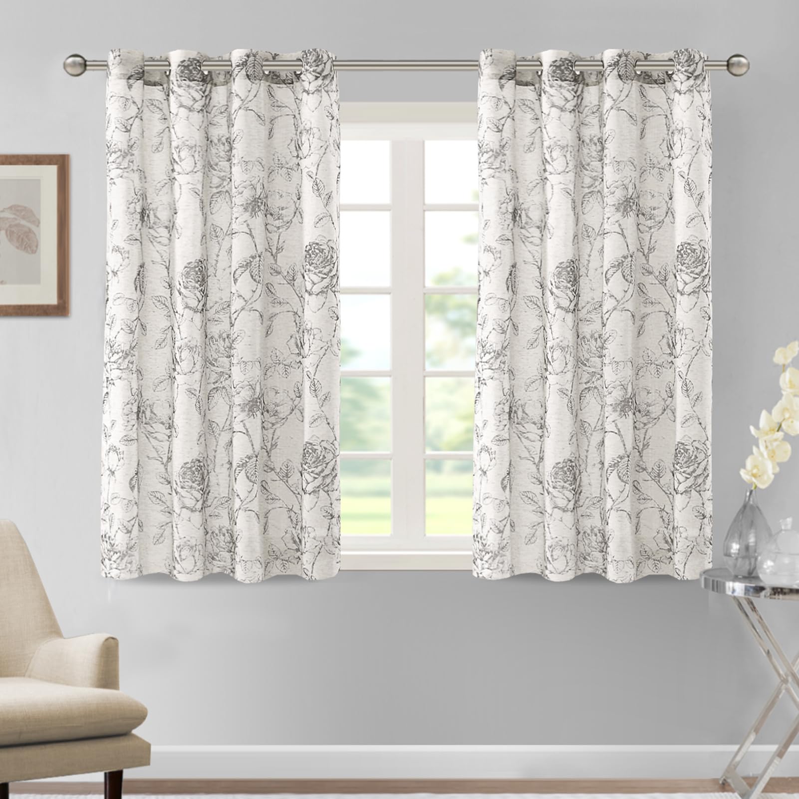 DEZYPZAM Floral Linen Semi Sheer Curtains, Light Filtering Privacy Window Curtains, Semi Sheer Window Curtain Drapes for Living Room/Bedroom (Gray,52 x 45 inch)