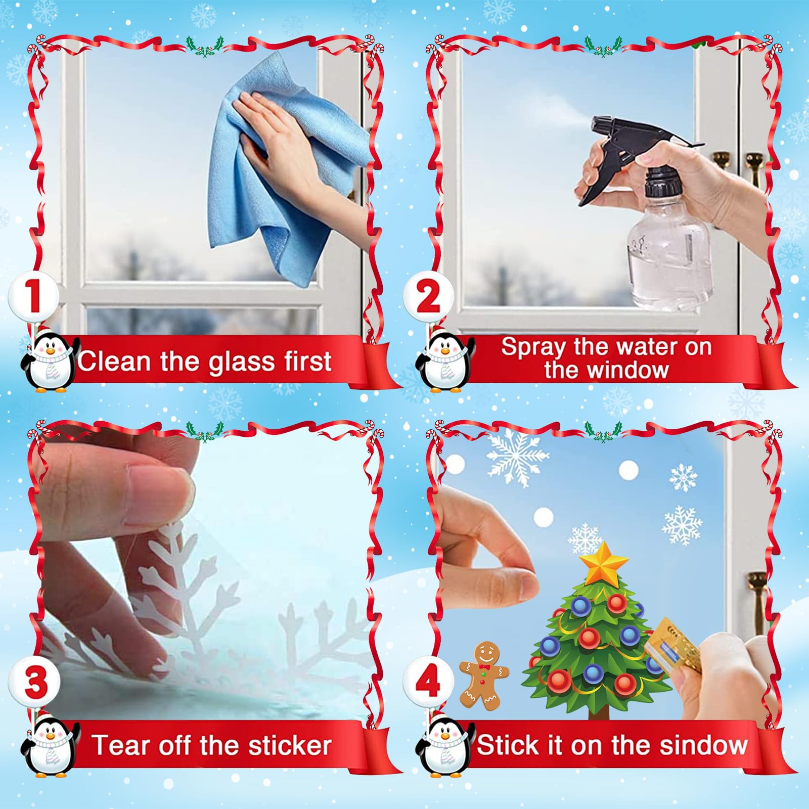 Sticker Noël Fenêtre,Amovible Statique Réutilisable,Double Face,Sticker Fenêtre Décoration Noël