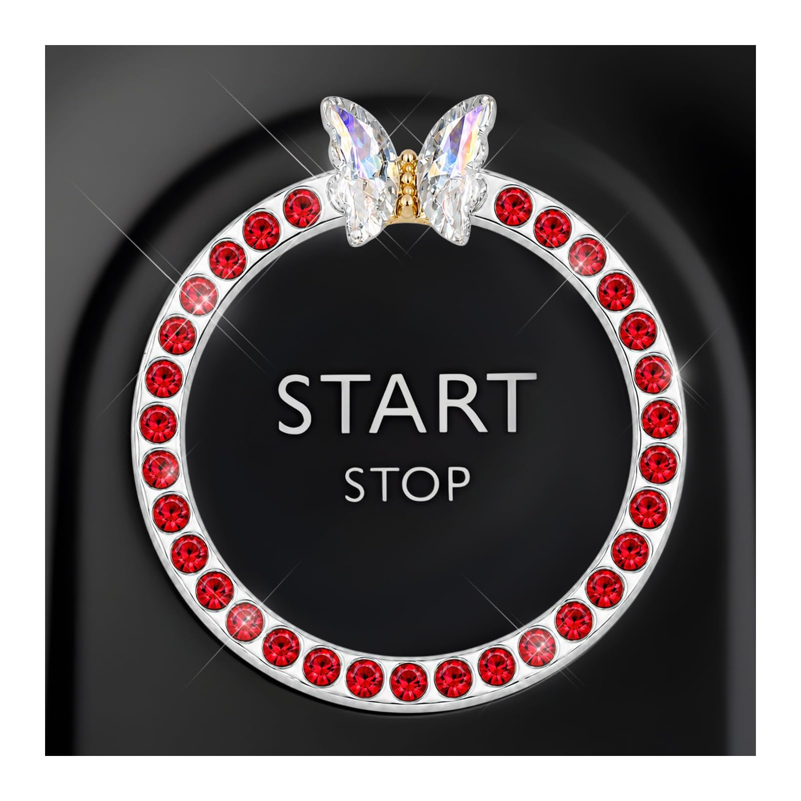 DXNQ Bling Ring Emblem, Sparkling Butterfly Car Buttons and Knobs Ring, Girly Butterfly Diamond Car Engine Start Button Cover, Key Ignition Knob Rings Decoration for Women (Red, Single Row)