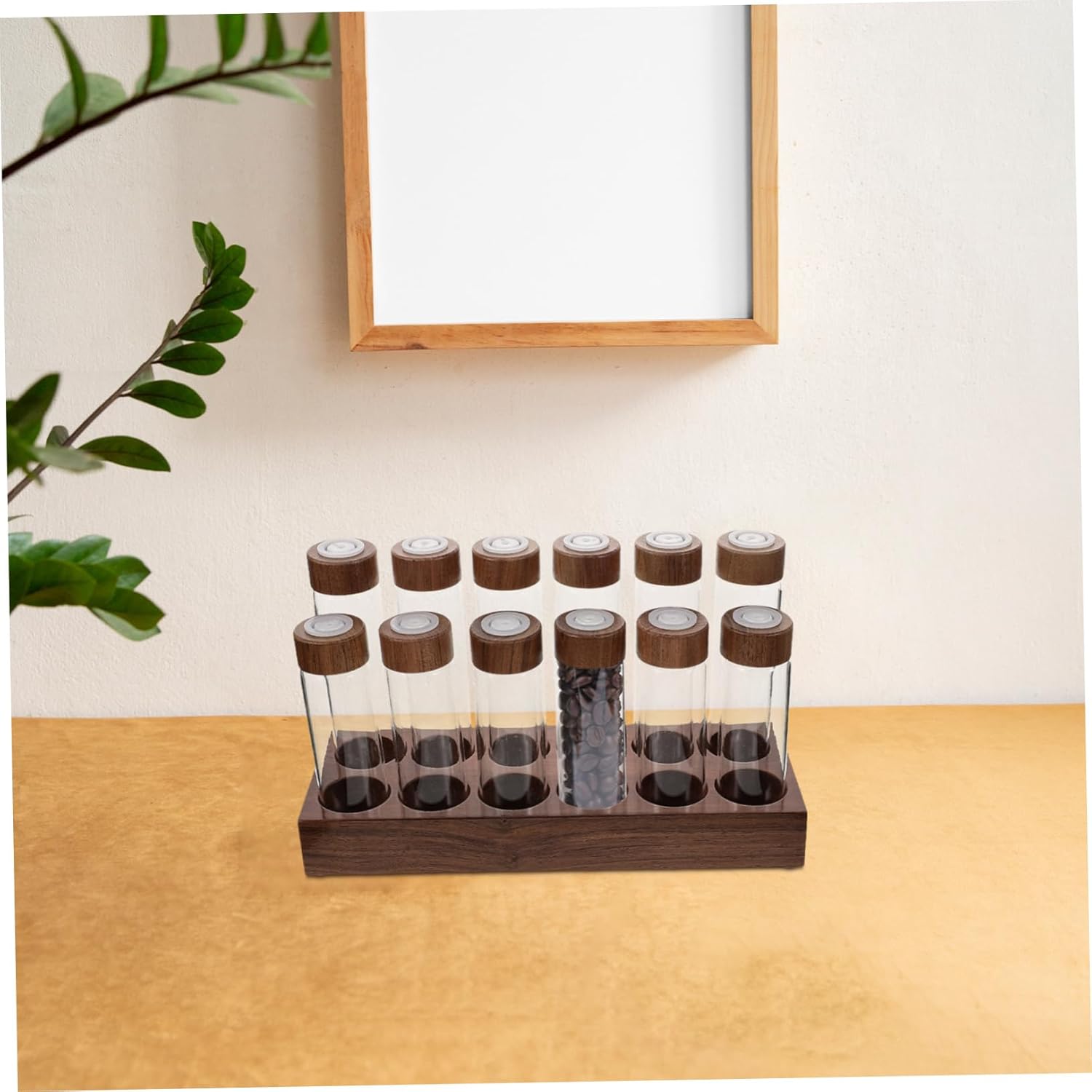 Mobestech 12hole Glass Coffee Bean Storage System with Wooden Lid and Elegant Walnut Base Rack for Glass Tubes Stylish Airtight Coffee Dispenser for Home and Commercial Use