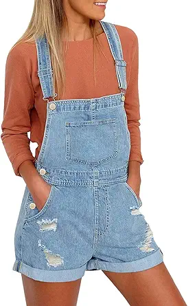 Vetinee Women's Classic Adjustable Straps Cuffed Hem Denim Bib Overalls Shorts