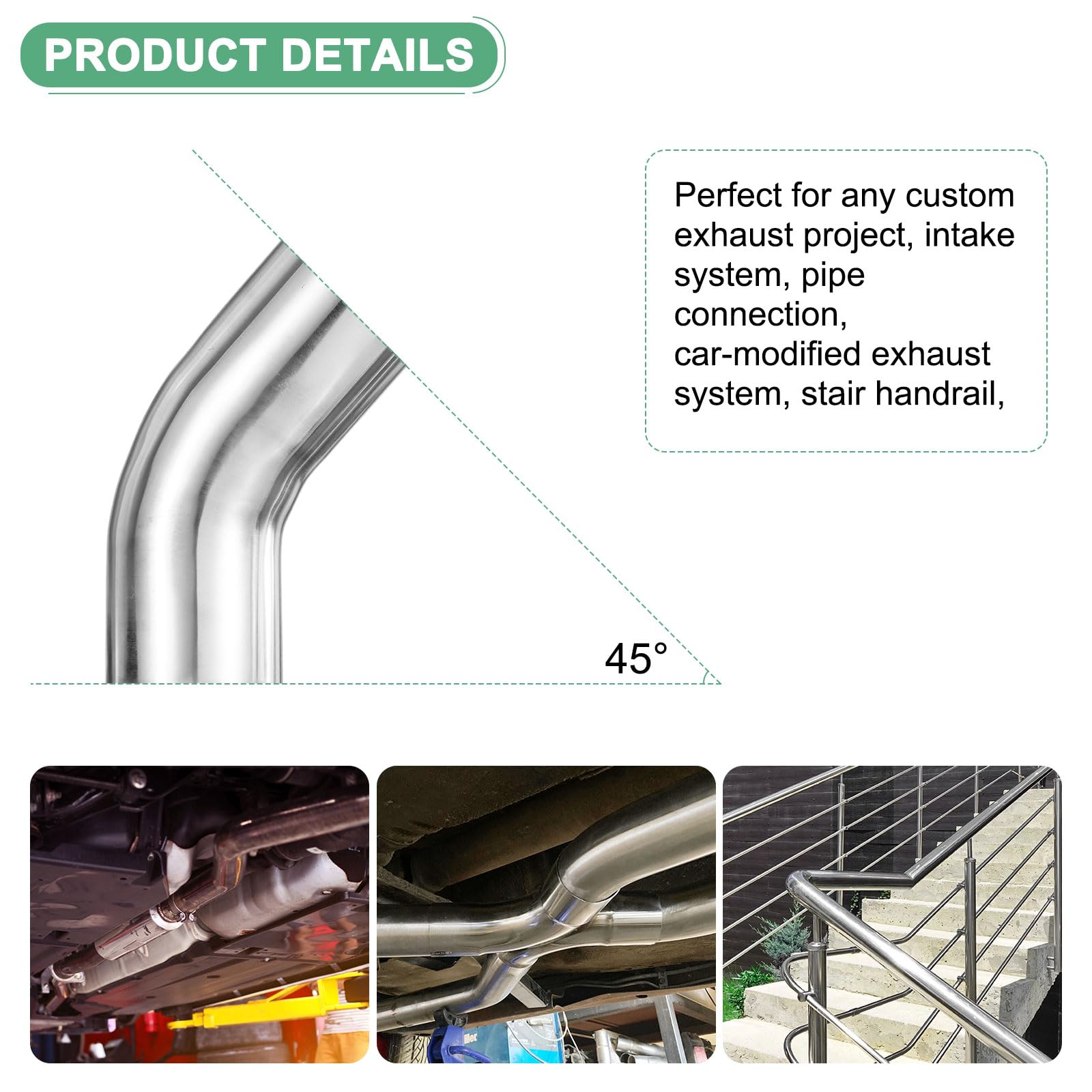 M METERXITY OD 2.5 Pollici Gomito A 45 Gradi Con Curva A Mandrino, Spessore 2 Mm Tubo Di Scarico In Acciaio Inox 304 Per Sistema Di Scarico Modificato Auto, Altezza 160 Mm