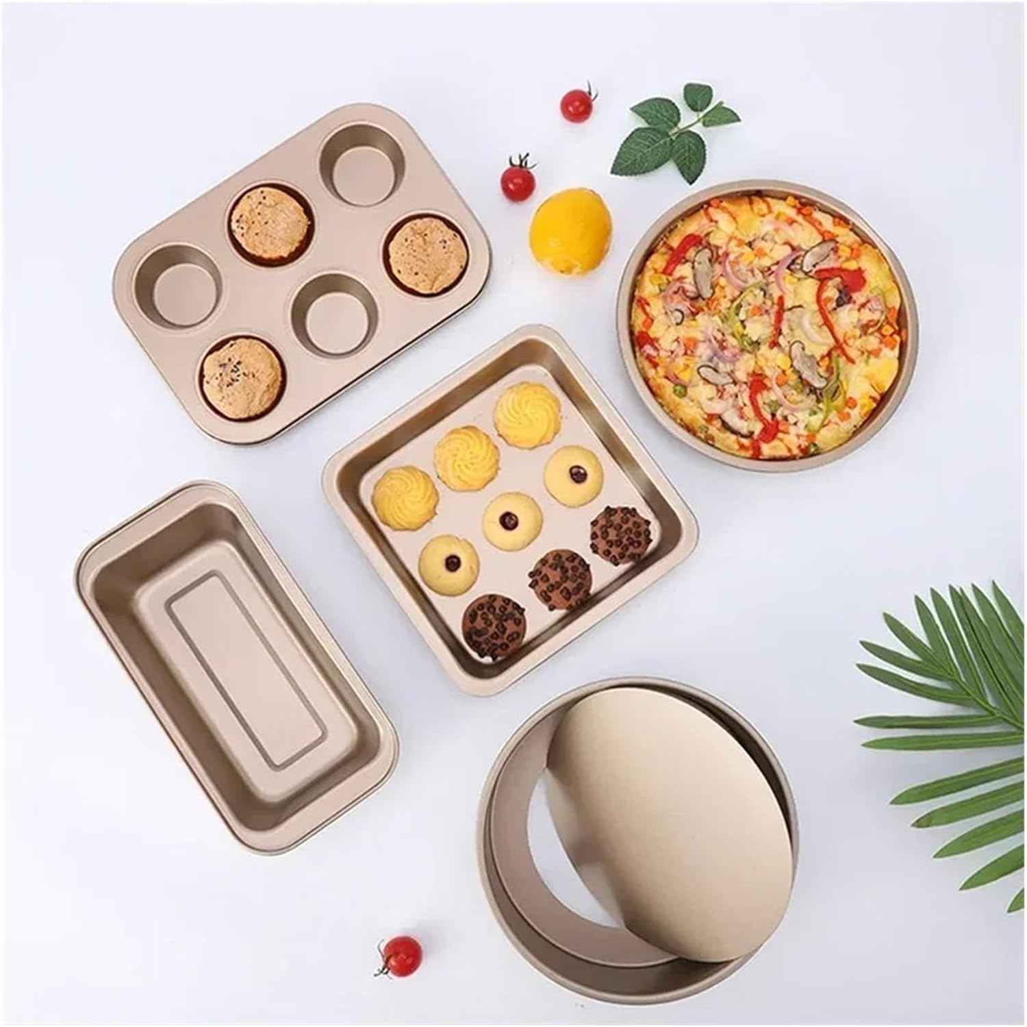 5-Piece Gold Nonstick Baking Set For Ramadan | Carbon Steel Oven Bakeware With Bread, Muffin, Cake & Pizza Pans | Heavy-Duty, Easy Clean(Gold)