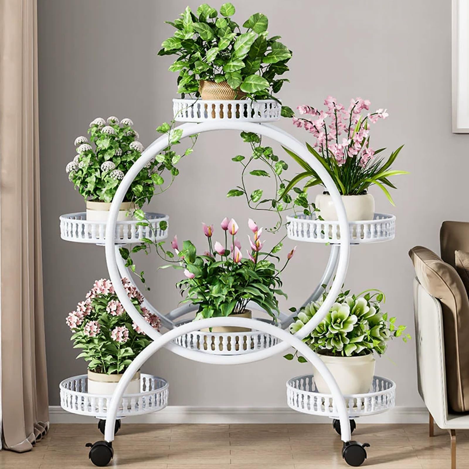 Présentoir de jardinière en fer forgé à roulettes pour plusieurs plantes