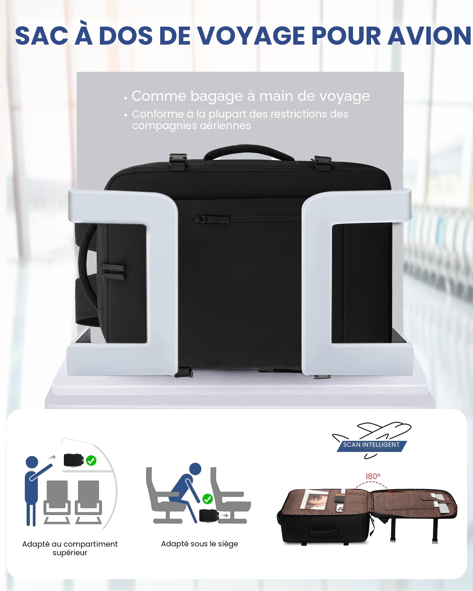 LOVEVOOK Sac à Dos Voyage Cabine Avion 40L Imperméable Ordinateur Portable 17,3 Pouces Homme Femme Noir