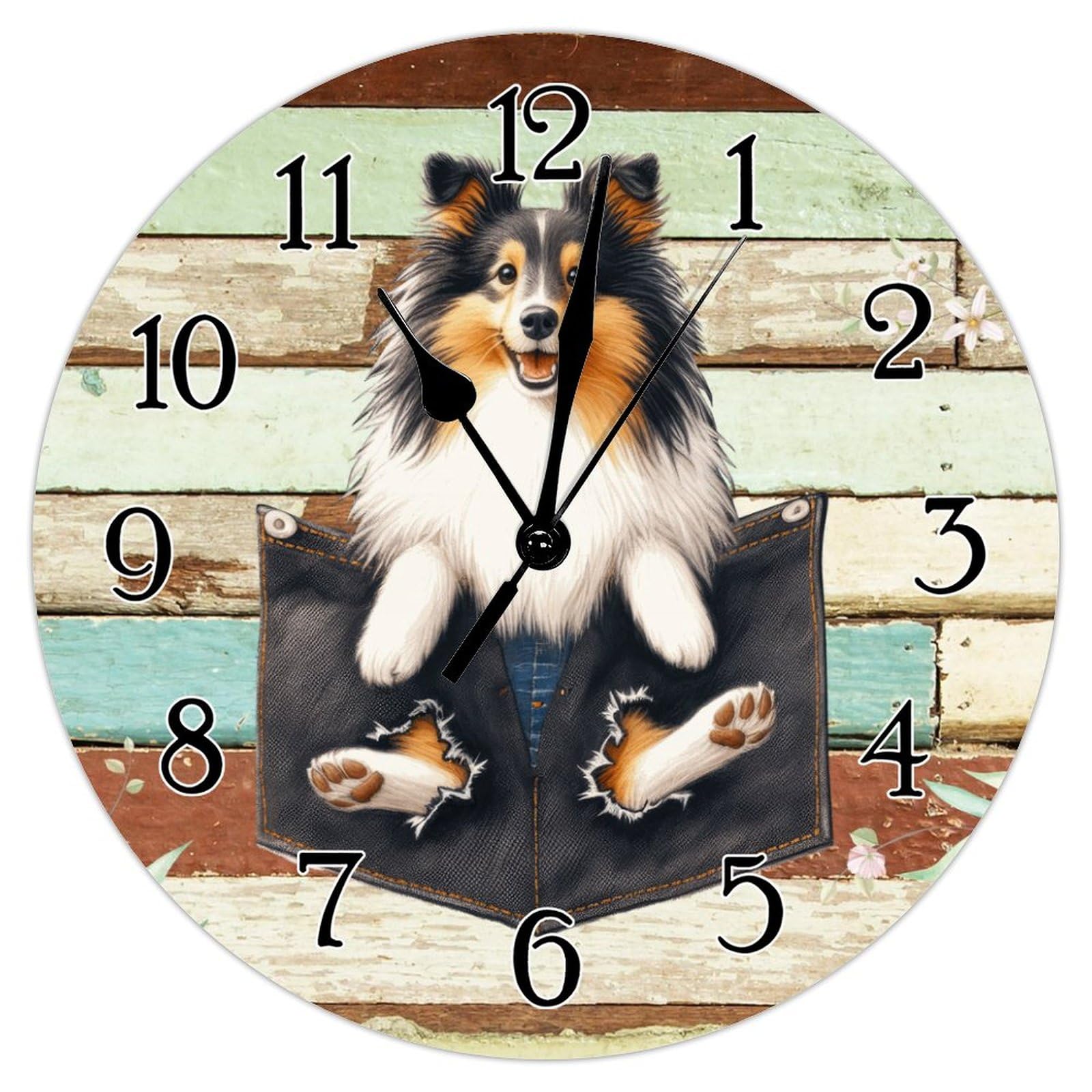 Swavecat Wall Clock Sheltie Hanging Wall Clock Sheltie Funny Pocket Peeking Dog Clocks for Wall Non-Ticking Battery Operated Round Clock Dog Mom Gift Clocks for Living Room 10x10in