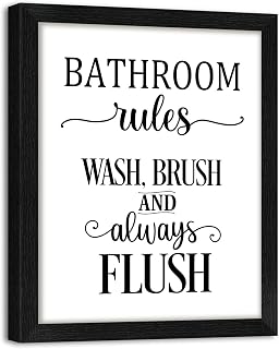Funny Bathroom Wall Art Framed Bathroom Rules Wall Decor 8x10 Inches, Black and White Toilet Rules Wash Brush and Always Flush Canvas picture prints Essential Restroom Decor for Bathroom and Home