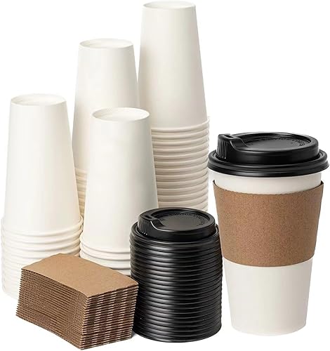 YEEHAW Paquete de 100 tazas de café de 16 onzas con tapas y mangas, vasos de papel desechables blancos, tazas calientes para café, líquido caliente,