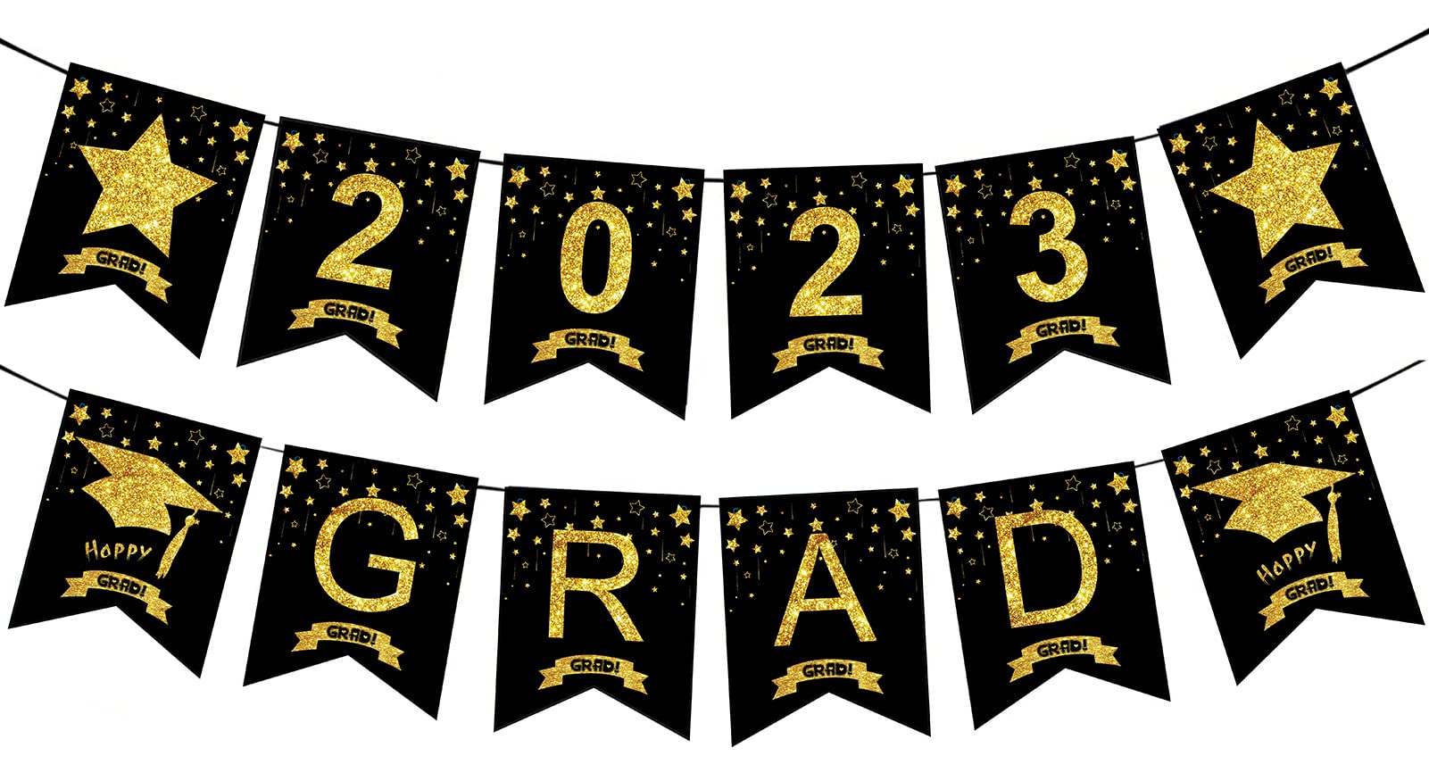 2 Pack Graduation Patry Decorations Class of 2023 Banner, Black Gilding 2023 GRAD with Hat Graduation Banners Garland for Congratulation Graduation Party Supplies, Class, Home, Car Decorations