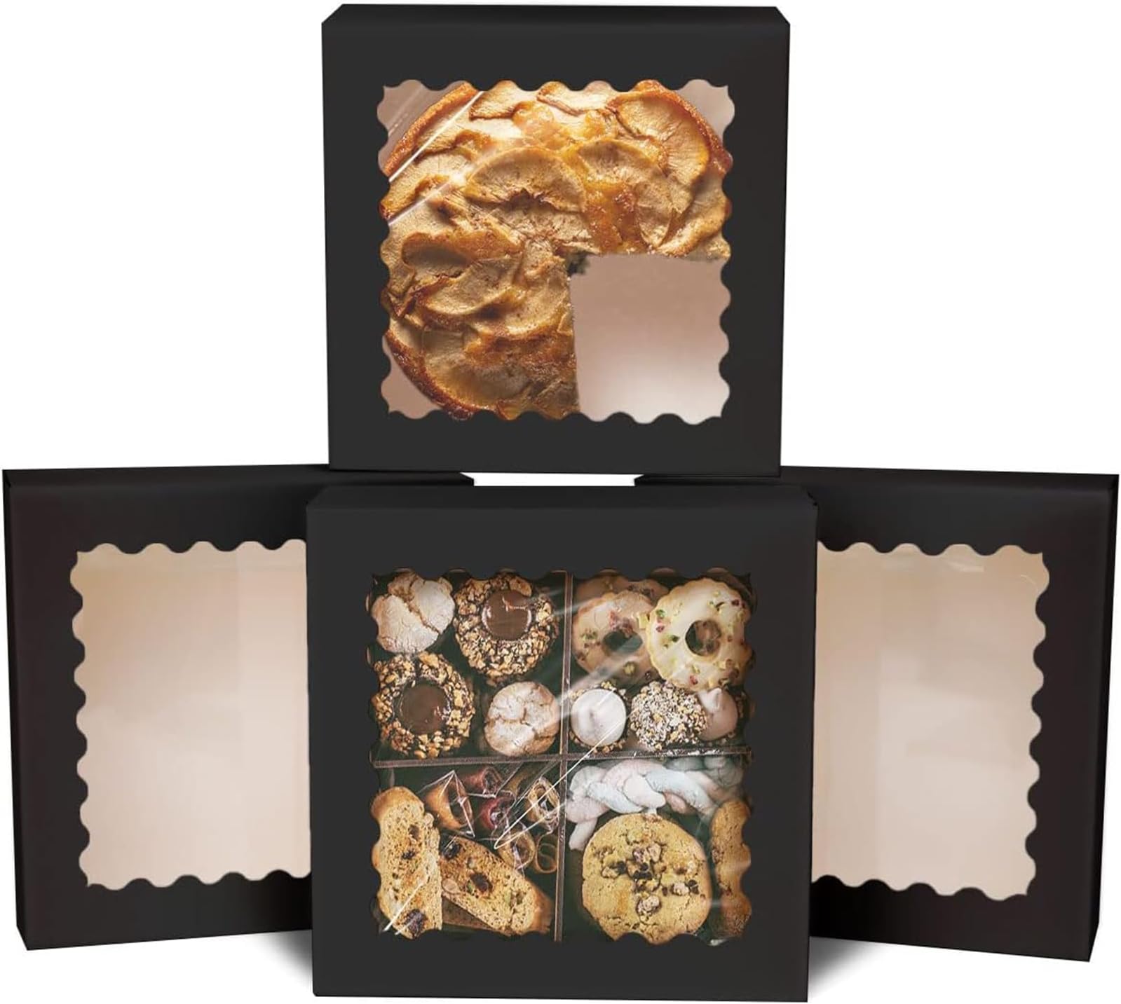 qiqee Auto-pop up Black Pie Boxes with Window 10x10x2.5 inch 30Packs Cookie Donut Bakery Box