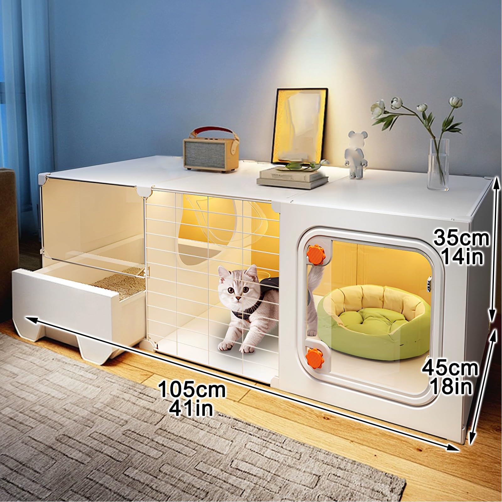 Gabbietta per Gatto da Interno 1-Tier Recinto per Gatti da Interno Semplice Gabbia Cane Spessa Plastica per Gatti Gabbie per Interni con Lettiera per Furetti Ricci Pollo(White,105*45*35cm/41*1