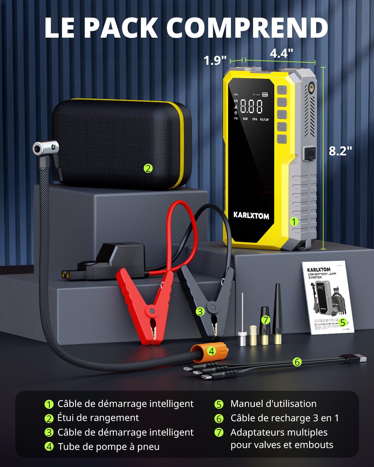 Karlxtom Booster Batterie Voiture avec 190 PSI Gonfleur, 12V Booster Voiture Puissant(Tous Gaz ou 10L Diesel), Écran LCD, 500LM Eclairage de Secours, Banque d'alimentation