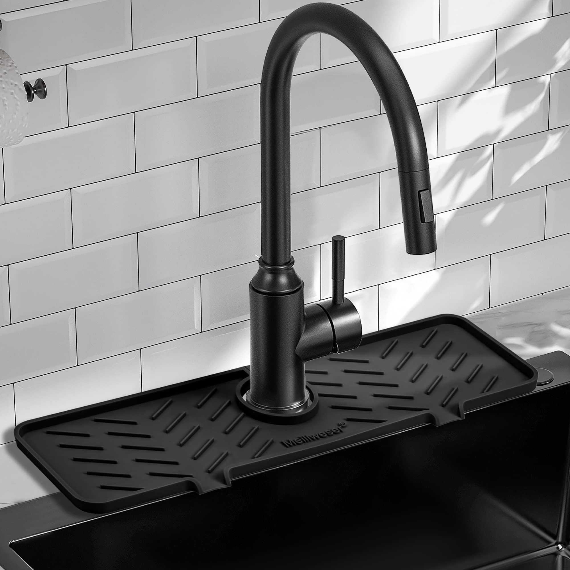 Silicone Faucet Mat for Kitchen Sink โ Gen 2 Splash Guard with Upgraded Outlet & Slope โ 18โ x 5.1โ Water Catcher & Sink Sponge Holder for Kitchen and Bathroom (Black)