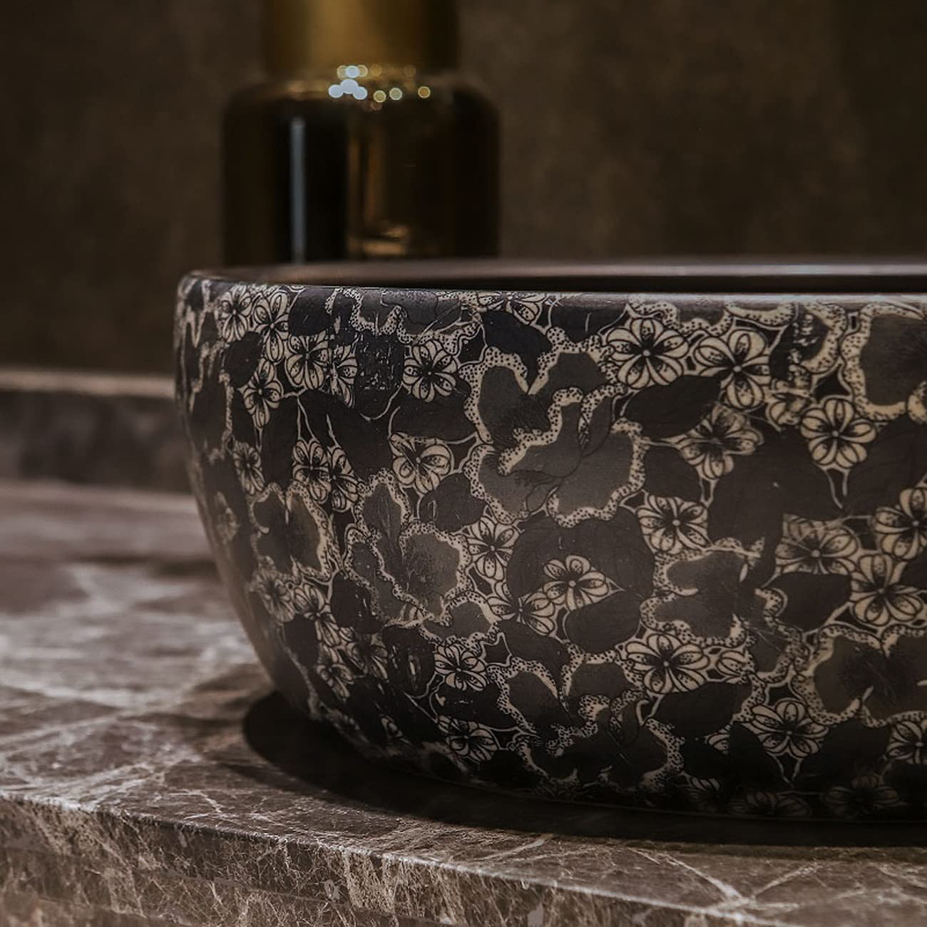 Okrągła Umywalka Nablatowa, Artystyczna Umywalka Łazienkowa Z Kranem I Odpływem, Ceramiczna Umywalka Nablatowa Z Teksturą Vintage Flower