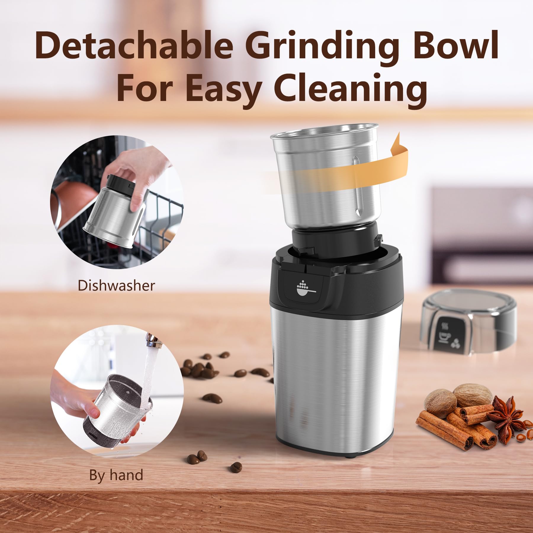 OMISOON Macina Caffe' Elettrico 200W, Macinacaffè Elettrico con Contenitori Rimovibili in acciaio inossidabile, 70g Capacità, per Chicchi di Caffè, Spezie, Cereali, Pepe, Noci