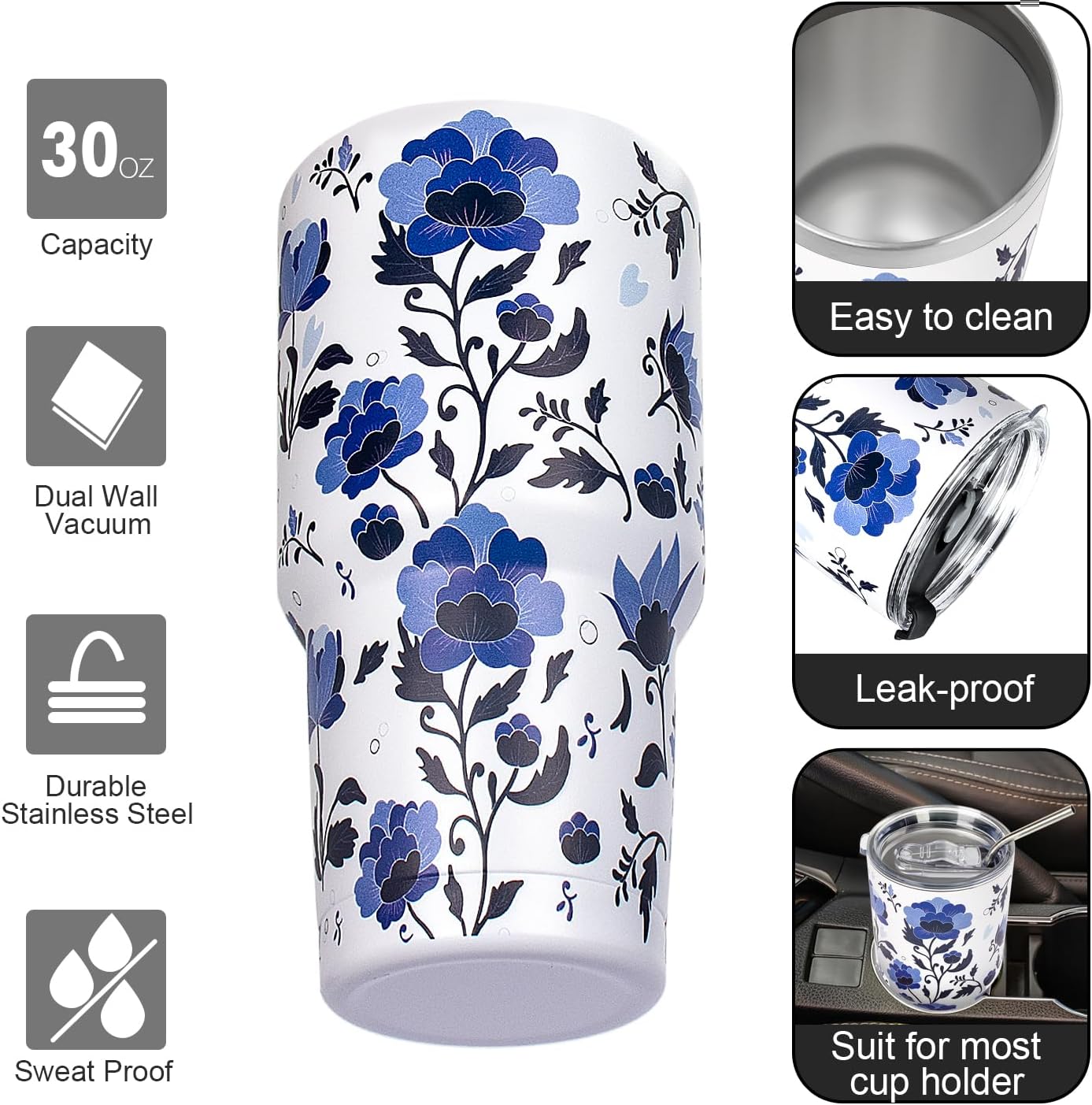 30 oz Tumbler with Lids and Straws Double Wall Insulated Tumbler Cup,Stainless Steel Vacuum Tumbler Powder Coated Travel coffee Mug for Cold and Hot Drinks,Blue and White Porcelain - Image 3